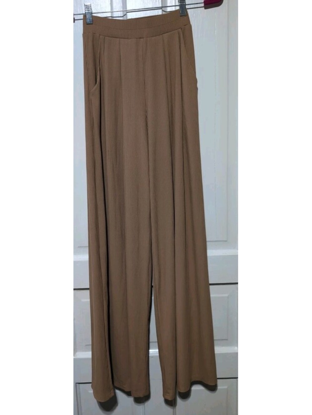 Three Bird Nest Palazzo Pants Wide Leg Ribbed Tan Camel Stretch Woman's S(1612)F